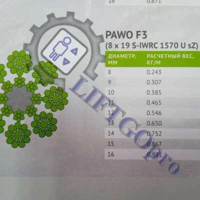 Канат PAWO F3 d=12.0 mm, 8+19S-IWRC1570 U sZ, 86.8 KN.